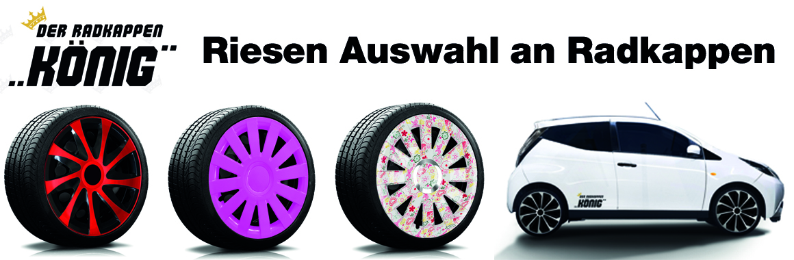 Drei Radkappen als Darstellung mit einem weissen Auto und riesen Auswahl.