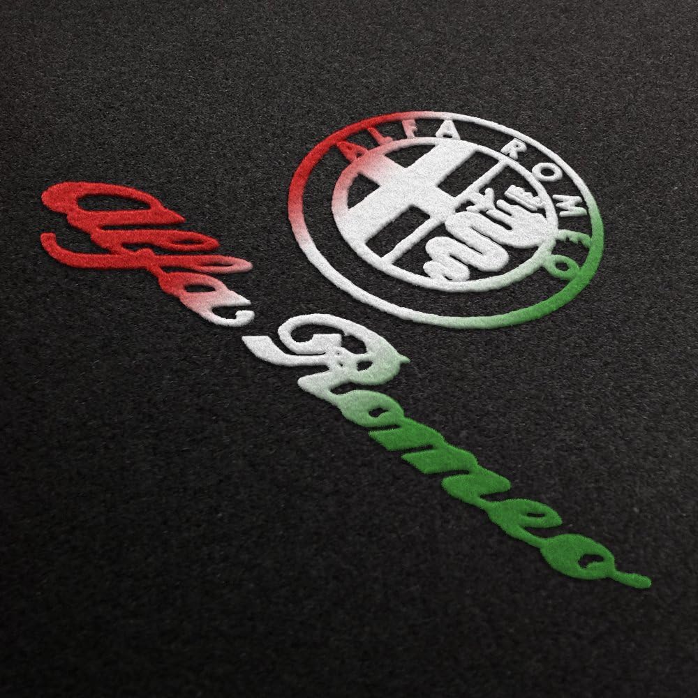 Alfa Logo schwarz-italia Eine schwarze Ecke mit Detailaufnahme eines Alfa Logos in italia Farben.