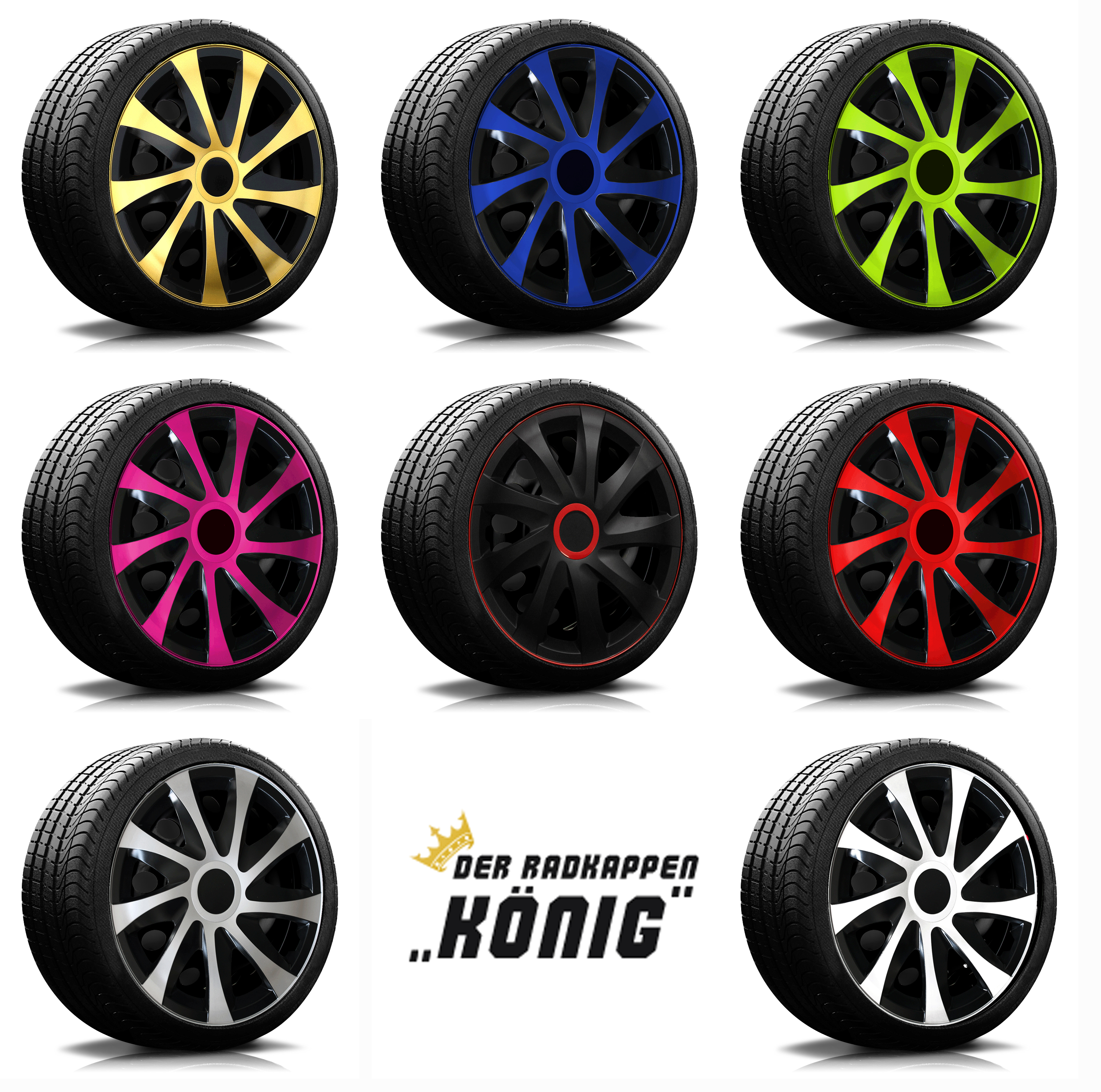 Die Modelle der RKK04 von Radkappen Koenig in schwarz, gold, rot, blau, silber, gruen und pink.