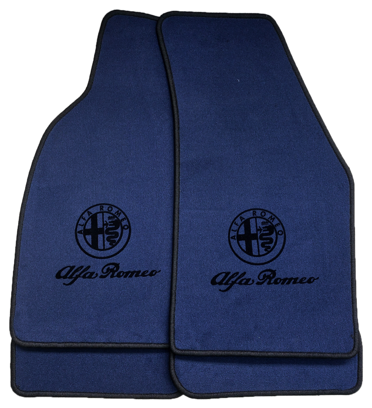 Dunkelblaue Alfa Spider 916 Matten mit Logo und Schrift in schwarz.