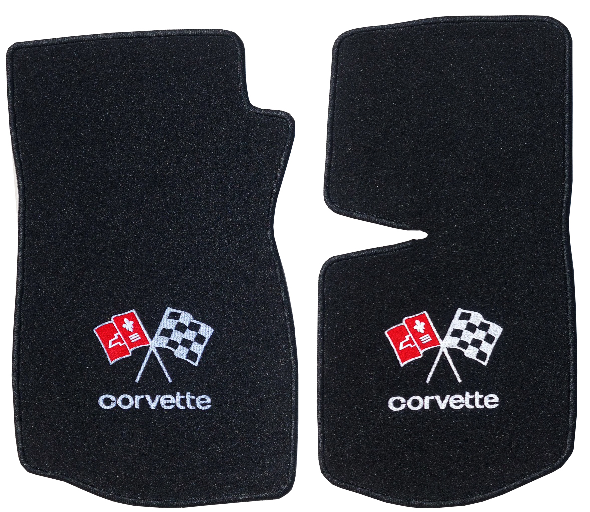 Fussmatten Corvette_C3_Schalter bestickt Zwei bestickte schwarze Velours Fussmatten für Chevrolet Corvette c3 mit Schaltgetriebe und Stick Corvette.